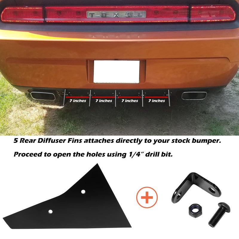 Sunluway Rear Diffuser 5 Fins Set for Dodge Challenger SXT SRT RT Hellcat 2009-2014, Black Rear Bumper Lip Diffuser Shark Fins - Image 5